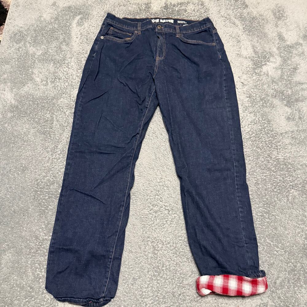 Eddie Bauer Jeans Womens 14 (34x30) Boyfriend Blue Denim Red Plaid Flannel Lined